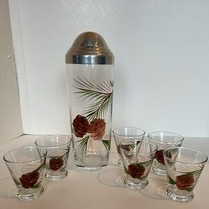 Rare Vintage Cocktail Shaker and Six Glasses Hand-painted Pine and Pinecones